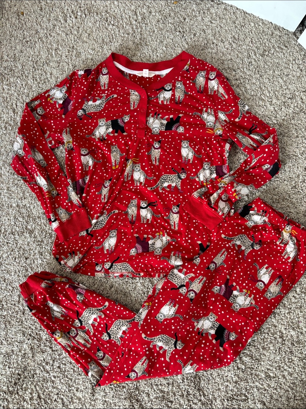 Secret treasures Red Pajama Set with Winter snow leopard print
